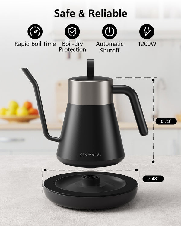 Crownful Smart Electric Gooseneck Kettle, 0.8L Capacity, Matte Black