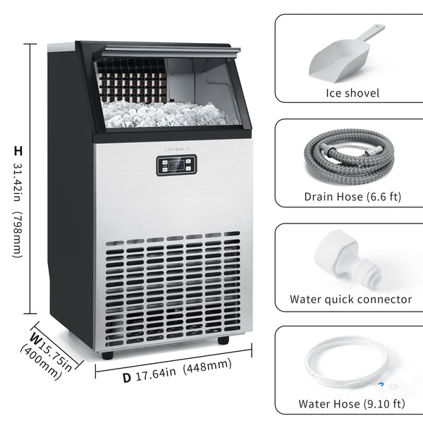 Crownful Commercial Ice Maker 100lbs/24h, Stainless Steel Ice Machine with 33lbs Ice Storage Capacity, Free-Standing Under Counter Ice Maker, Ideal